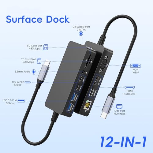 2026 New Surface Thunderbolt 4 Dock Triple Displays 4K HDMI*2+VGA, 12 in 1 Surface Pro Docking Station with Power Adapter for Surface Pro 11/10/9/8/X/7/6/5/4/3, Surface Laptop, Surface Book Go