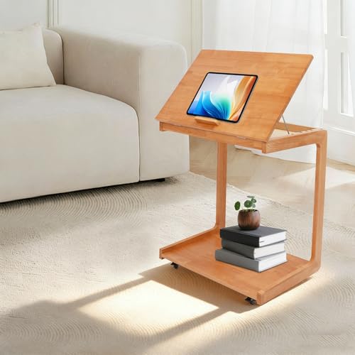 Wooden C-Shaped End Table,Couch Table with Adjustable Tilt Top,Small Rolling Side Table w/Lockable Wheels, Side Table for Couch, Bedroom