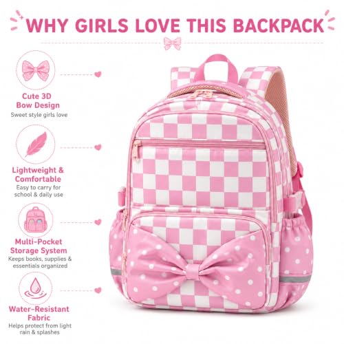 WOBAGMEN Printed Backpack for Adult Women with Bow| Water-Resistant Printed school bag, Spacious Storage for Elementary and Middle School Students(Pink Gingham) - color: Pink Gingham