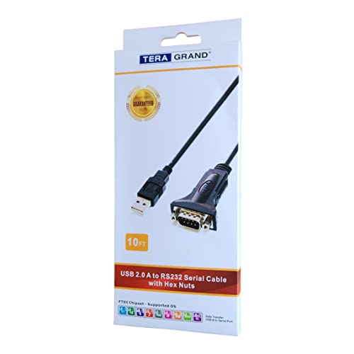 Tera Grand - Premium USB 2.0 to RS232 Serial DB9 Adapter Cable 10 Feet - Supports Windows 11, 10, 8, 7, Vista, XP, 2000, 98, Linux and Mac - Built with FTDI Chipset and Hex Jack Nuts - size: 10 ft, style: Hex Jack Nuts