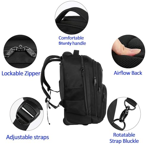 MATEIN Wheeled Backpack, 18 inch Laptop Backpack with Wheels | Backpack with Wheels, 17 inch Laptop Backpack, 36 L Main Compartment, Breathable Adjustable Straps, Rolling Travel Bag - color: Black, size: 18-inch