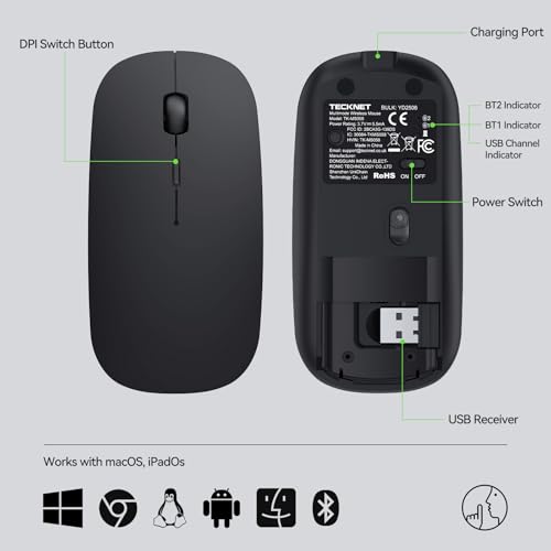 TECKNET Bluetooth Wireless Mouse for Laptop, Rechargeable Silent Computer Mouse (Bluetooth 5.2/3.0 & 2.4G), Ultra-Thin, 6-Level Adjustable 4800 DPI Bluetooth Mouse for Mac OS, iPad, Windows, Android - color: black