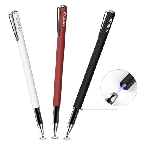 MEKO Stylus Pens for Touchscreens, 2 in 1 Capacitive Stylus | 3 Pack Thin Rubber Tip, High Sensitivity, Compatible with iPad iPhone Android All Touchscreen Devices - color: red/white/black