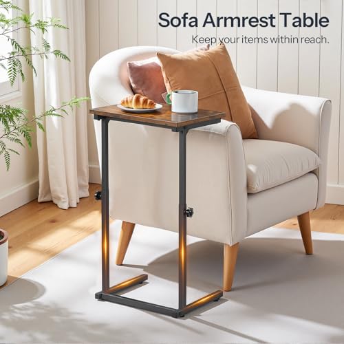 HOOBRO C Shaped End Table, Adjustable Height Sofa Side Table, Slide Under Couch Table, C Shaped Side Table for Small Spaces, for Living Room, Bedroom, Rustic Brown BF71SF01 - color: Rustic Brown + Black