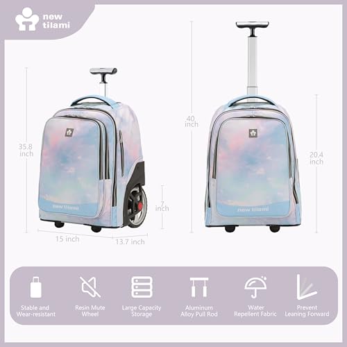 NEW TILAMI 20 Inch Rolling Backpack for School Stair-Climbing Big Wheel | Teen Boys Girls Carry-on Suitcase Large Organizer Compartment 15.6 Laptop Sleeve Adjustable Handle Roller Travel Bag College - color: Pink Blue