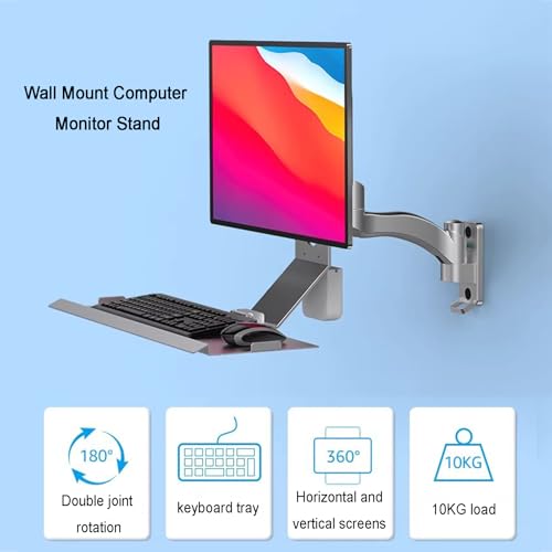 Monitor and Keyboard Wall Mount, Stand/sit Workstation, with Pneumatic Arm, Load 10kg, with 60cm Foldable Keyboard Tray, for 15-32 Inch Single Screen - color: Silver
