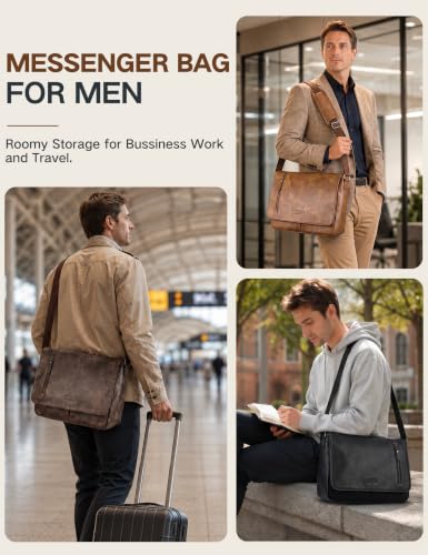 VX VONXURY Messenger Bag for Men, Pu Leather 14 Inch Laptop Briefcase Bag for Work Bussiness and School,Black - color: 14 Inch Black-all Pu Leather