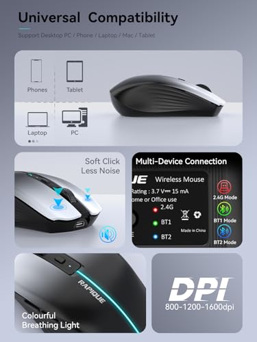 RAPIQUE Bluetooth Wireless Mouse – White to Black Gradient, Dual Bluetooth 5.1 & 2.4G Connectivity, Silent Click, Rechargeable, Ergonomic 6-Button for Windows/MacOS/Android/Laptop/MacBook/iPad - color: White to Black Gradient