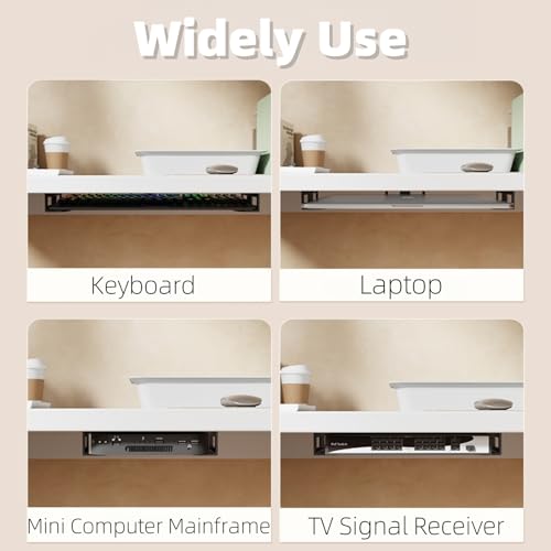 Under Desk Laptop Mount - Metal Under Desk Shelf Holder with Anti-Scratch, Laptop Wall Holder for Keyboard, Devices Thickness <1.6'' (White) - color: white