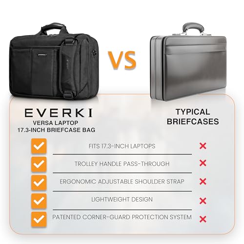 EVERKI Versa Laptop Briefcase Bag for Men & Women, Black - 17.3 Inches | Premium Leather Ballistic Nylon, Heavy-Duty, Water-Resistant, Business, Travel-Friendly Bag, Multiple Pockets, 25 Liters
