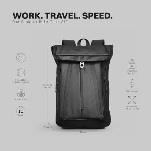 The Frenchie Co. - Work/Travel Speed Backpack - Expandable 23-30 L Laptop Pack - Anti-theft magnetic closure - Ballistic nylon body with full-grain Italian leather trim - color: Black