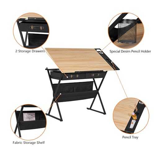 VECELO Drafting Table Art Desk Art Table Adjustable Drawing Table Tilted Tabletop with 2 Storage Drawers and Stool, Drawing Desk for Artist Painters Drawing, Crafting, Reading, Writing, Natural - color: Natural