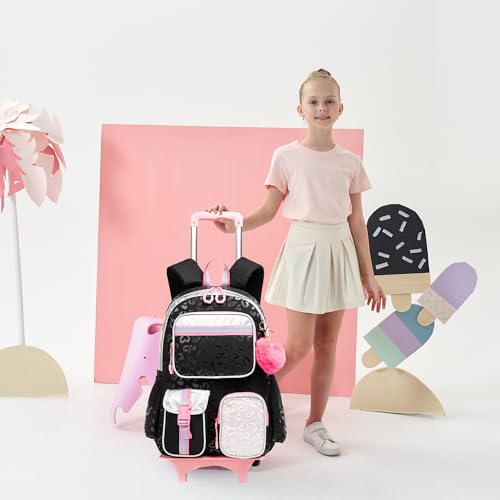 Meetbelify Backpack with Wheels for Girls Rolling Backpack Cute Carry on Backpack for Elementary Student - color: Black