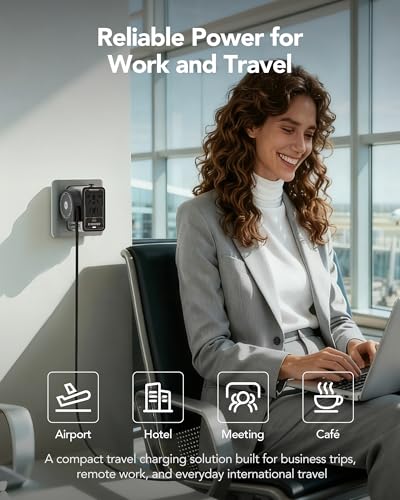 MFish 75W Universal Travel Adapter, 5-Port International Power Adapter with Retractable USB-C Cable, 3 USB-C & 1 USB-A + AC Outlet, Worldwide Wall Charger for MacBook, iPhone, iPad, EU/UK/US/AUS, Grey - color: Grey