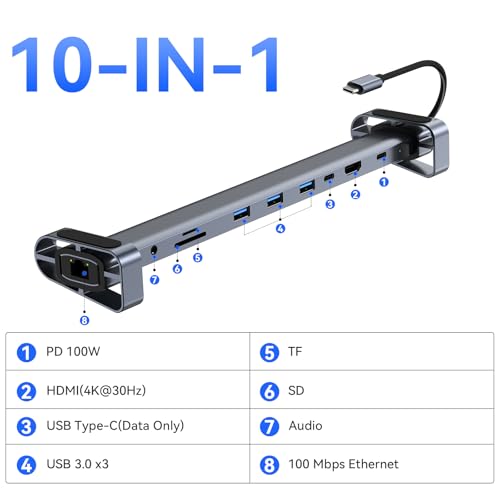 10-in-1 USB-C Laptop Docking Station with Adjustable Stand, 100W Power Delivery, 4K HDMI, Gigabit Ethernet, SD/TF Card Reader, 3 USB 3.0 Ports (Silver)