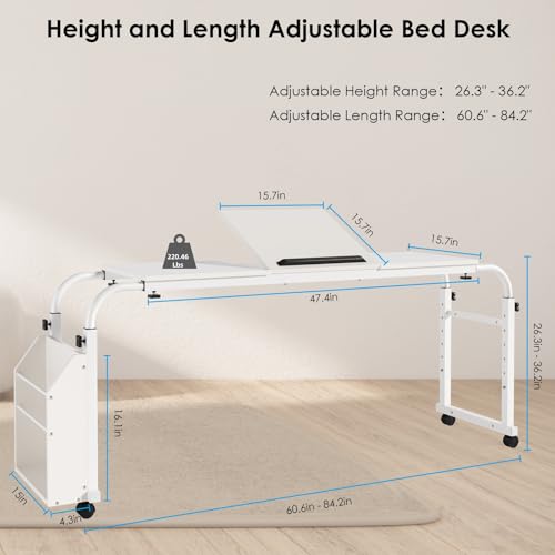 Overbed Table with Wheels,60.6-84.2 inches Mobile Bed Desk, White | Rolling Computer Desk with 0-65°Tilt Stand,4 Heights and 6 Lengths,Side Storage Basket,for Home,Office and Hospital - color: White