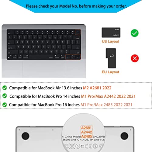 Keyboard Cover Ultra Thin for MacBook Air 13.6 inch M2 A2681 2022 & MacBook Pro 14/16 inch M1 Pro/Max A2442/A2485 2021, Waterproof TPU Protective Skin, Transparent