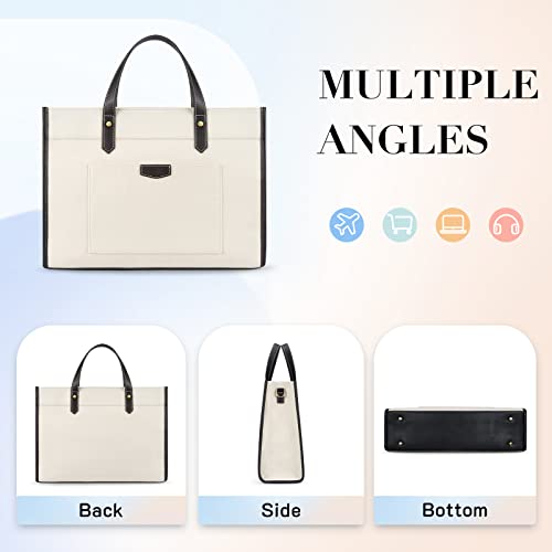Missnine Laptop Tote Bag Canvas Laptop Bag 15.6 inch Work Shoulder Bags Casual Briefcase Handbag for Travel, Office, College - color: Black+beige