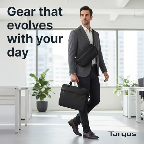 Targus 13–14 Inch Work+ 3-in-1 Tech Brief, Modular Laptop Briefcase with Detachable Tech Pouch Sling, 360 Laptop Protection, Anti-Theft Zippers, Trolley Strap, Black TBS969GL