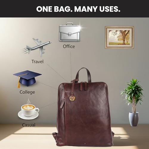 12.5 Inch Genuine Leather Backpack For Women & Men, Brown | Brown Leather Bookbag Purse With Adjustable Shoulder Strap, YKK Zipper & Mobile Pockets, Small Travel Bag, Unisex Bag - color: Brown