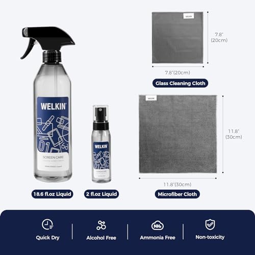 WELKIN Screen Cleaner Spray Kit (550ml + 60ml) - Cleaning Mist for TV, Laptop, Computer, Phone Touchscreen - 2 Sprayers,1 Microfiber Cloth & 1 Glass Wipe Included - size: Mist Kit