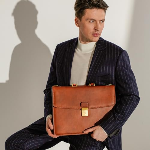 Time Resistance Leather Briefcase - Italian Handmade Leather Laptop Bag - Handbag for Men - Professional Computer Case - color: Cognac Brown