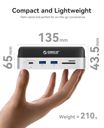 ORICO MiniDock Stand Compatibility with Mac mini M4, 10-in-1 Aluminum Hub with M.2 SSD Enclosure, 10Gbps USB-C & USB-A,5Gbps 4K HDMI, Gigabit Ethernet, SD/TF Card Readers,Type-C(PD3.0)
