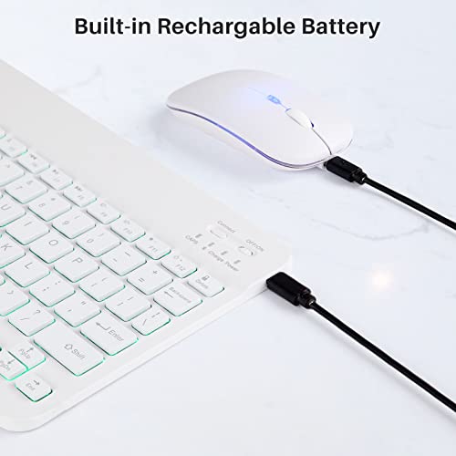 Bluetooth Keyboard and Mouse Combo for iPad - Rechargeable Wireless Keyboard & Mouse with 7-Color Backlit Compatible with iPad 9th/8th Gen, iPad Pro/Air/Mini, iPhone14/13/12 Pro, White - color: white