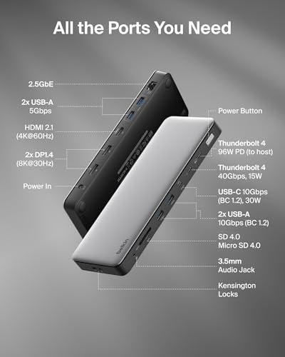 Belkin Thunderbolt 4 Docking Station Triple Display 96W 14 in 1 USB-C Hub | 40Gbps data transfer, 2.5Gb ethernet, daisy chain up to 6 devices, USB-C laptop expansion hub, MacBook, Windows