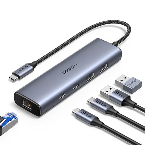UGREEN USB to Ethernet Adapter, 10Gbps Data Port 5-in-1 Hub Ethernet | with 2*USB-C 3.2, USB-A 3.2/2.0, Gigabit RJ45, Power Port (Only for Adapter), USB A to Network Hub for Laptop, MacBook, XPS