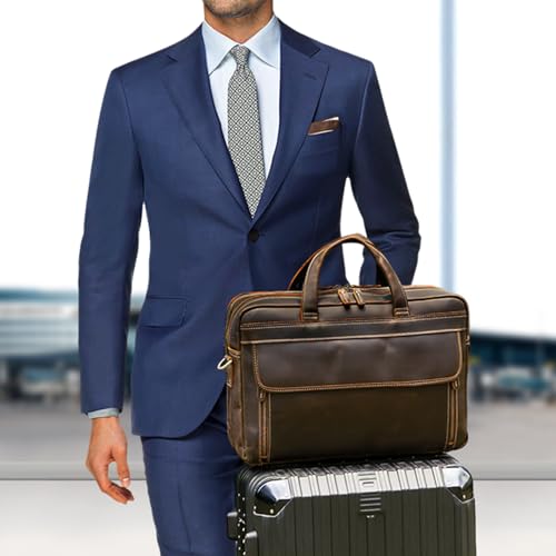 Masa Kawa Leather 15.6" & 17" Laptop Briefcase Men Business Messenger Bag | Full Grain Cowhide Business Travel Office Work Crossbody Shoulder Professional Attache Case for 2 Computers - color: Coffee Color-fits 17" Laptop
