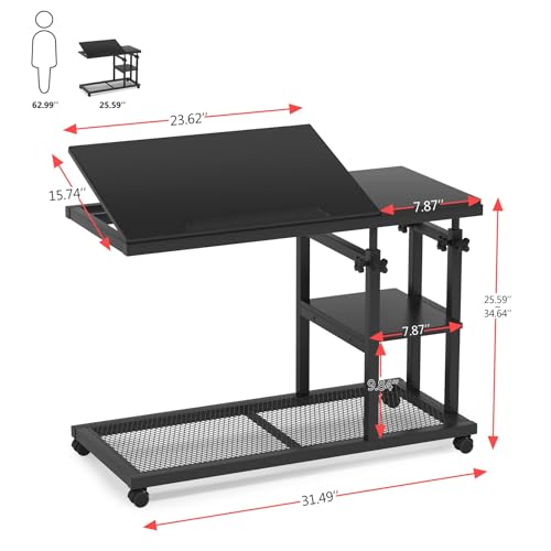 Tribesigns Height Adjustable C Table with Wheels, Mobile Couch Snack Side Table with Tiltable Drawing Board, Sofa Bedside Laptop Stand C Shaped TV Tray with Storage Shelves (Black) - color: Black