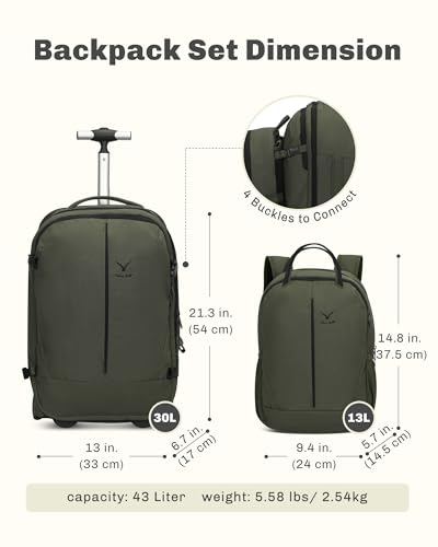 2 in 1 Travel Backpack Set Rolling Backpack with Wheels Carry on Luggage 43L with Personal Item Bag for Men Women 17 inches Laptop Backpack Dark Green - color: Dark Green