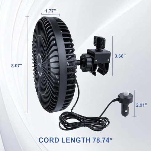 XOOL Clip Car Fan, 9 Inches 12V/24V Fan, 360° Rotatable Electric Cooling Clip on Fan with Stepless Speed Regulation for SUV, RV, Truck - size: Cigarette Single Fan 9''- Clip(Large)