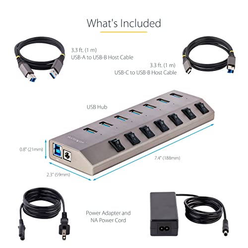 StarTech 7-Port USB-A Hub 5Gbps with Per-Port Switches (5G7AIBS-USB-HUB-NA) | USB-C and USB-A host cables, Self-powered with adapter, BC 1.2 charging, 52.5W total, LED on/off switches