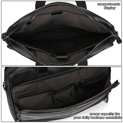 Leather Laptop Bag for Men Briefcase Fits 15.6 Inch Notebook Portable Shoulder Messenger Crossbody Bag for Travel Office - color: Black