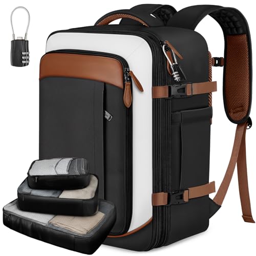 Vancropak 40L Carry on Backpack for Travel, Flight Approved Expandable Bag | 3 Packing Cubes, 17.3" Laptop Compartment, Water-Resistant, Anti-Theft, Lightweight Weekender Travel Bag, Business Backpack - color: Black White Light Brown