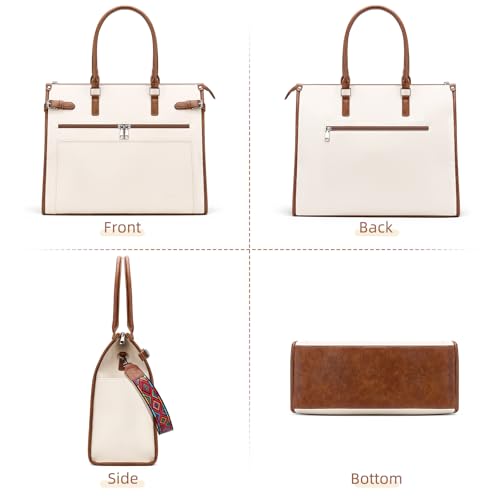 SYTRAH Laptop Tote Bag for Women, 15.6 inch Computer Purse | Faux Leather Laptop Tote with Satchel Purse, Fits 15.6" Laptop, 9-Pocket Organizer, 3-Way Convertible,Work & Casual - color: Beige Brown