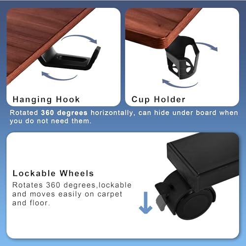Electric Overbed Table with Wheels, Height Adjustable Bedside Sofa Couch Side Tables, C Shaped Mobile Standing Small Laptop Desk for Home Office, Dark Walnut - color: Dark Walnut