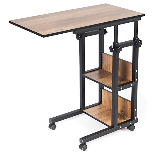 Tangkula Rolling Height Adjustable C Table, Mobile Sofa Side End Table Couch Desk, Sofa Desk Snack Table with Storage Shelves, Bed Side Table for Coffee Laptop Tablet, Wood Look Accent Furniture