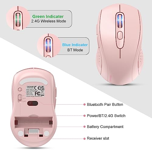 TECKNET 2-in-1 Bluetooth Mouse (BT 5.0/3.0+2.4Ghz), 6-Level 4000 DPI Pink | BT 5.0/3.0 & 2.4G wireless mouse with 4000 DPI, silent clicks, ergonomic design, and USB receiver for laptop and PC. - color: Pink