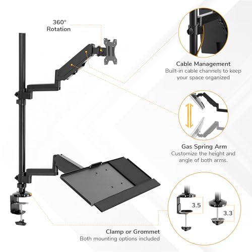 Mount-It! Sit-Stand Monitor Arm Desk Mount with Keyboard Tray, Single Monitor Fits Up to 32”, Height Adjustable Gas Spring, Full Motion Articulating Arm, Clamp or Grommet, Black