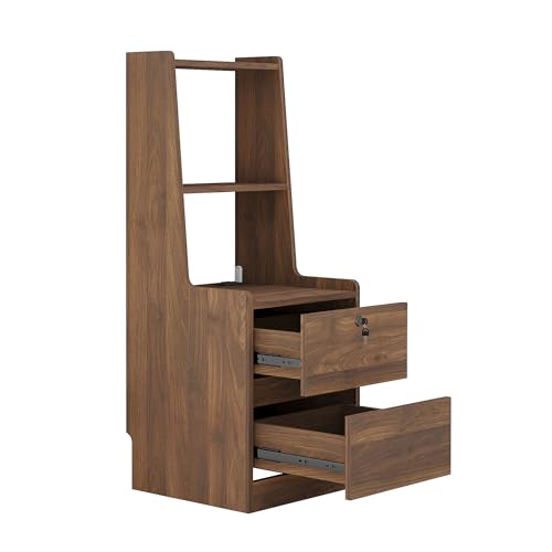 Modern Smart Nightstand with Night Light & Charging Station, Night Stand with Bookshelf, Lockable Bedside Cabinet Tables with 2 Storage Drawers for Bedroom Home Office - color: Wood