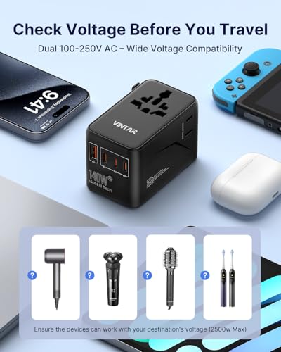 VINTAR 140W GaN Universal Travel Adapter, 6-in-1 International Power Adapter with 2AC, 3 USB-C PD & 1 USB-A QC, All-in-One Charger Compatible with EU/UK/US/AU for Laptops, Tablets, Phones, Cameras - color: 140W Black