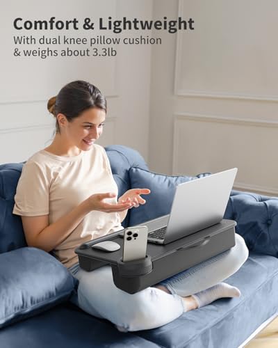 SAIJI Laptop Lap Desk - Fits Up to 17" Laptops, Lightweight Lap Tray Table Stand with Soft Leather Wrist Pad, External Monitor Holder, Lap Desk with Cushion for Home Office Working/Gaming On Couch - color: Deep Black