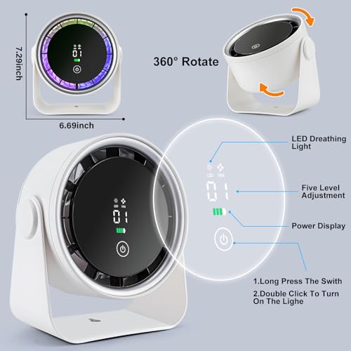 Small Desk Fan 5000mAh Rechargeable Battery Powered -Retro Low Noise Quiet Portable with LED Night Light Office Bedroom Table Top Wall Hanging Kitchen Camping Dorm 5-Speed 360° Rotation - color: White