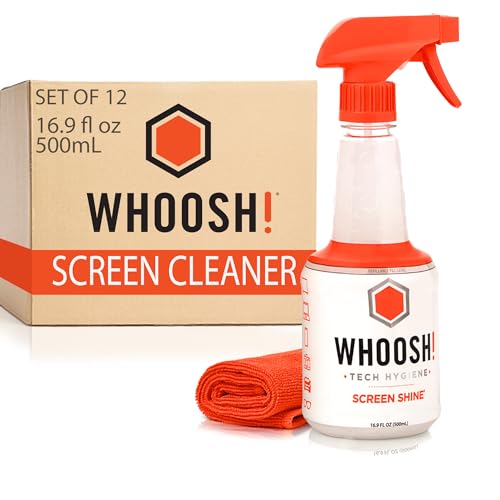 WHOOSH! Screen Shine Pro – TV Screen Cleaner & Cloth, Set of 12, 16.9 fl oz | Includes 12 – 14x14" Microfiber Cloths, Refillable Bottle, For Flat Screens, OLED, LCD, Monitors, For Bulk/Business Use - size: 16.9 Fl Oz (Pack of 12)