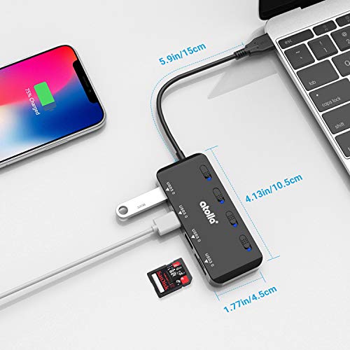 USB SD Card Reader, atolla USB Hub with SD/Micro SD Card Reader, USB Splitter with 3 USB Ports, 2 Card Slots and Individual LED Power Switches