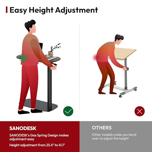 SANODESK 24''Pneumatic Adjustable Overbed Bedside Table with Hidden Casters | Medical Mobile Side End Table Laptop Computer Standing Desk Cart with Tray, Hospital and Home Use(23.6" W x 13.8" D,Walnut) - color: Walnut, size: Xsmall