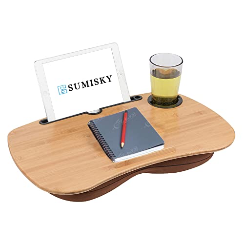 SUMISKY Lap Desk-Portable Laptop Table with Cushion Bamboo Platform Phone Holder L(21.6"x13.8") with Cup Holder - size: L(21.6"x13.8") with Cup Holder